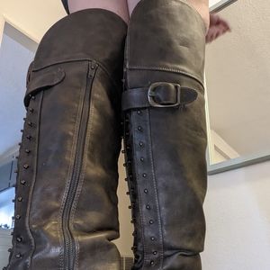 Not Rated Sz 9.5 Distressed Brown Faux Leather Knee Boots